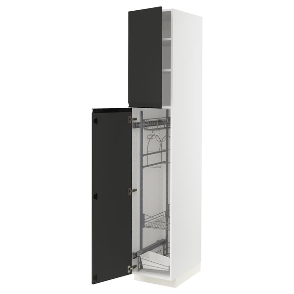 METOD kitchen cabinet in white & matte black. Tall unit with pull-out shelf organizer, left side door.