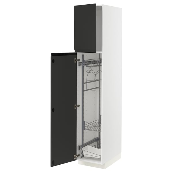 An open METOD kitchen cabinet with black upplöv doors and pull-out organizers, framed in white.