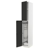 A modern METOD kitchen cabinet in white with black doors, featuring pull-out organizers.