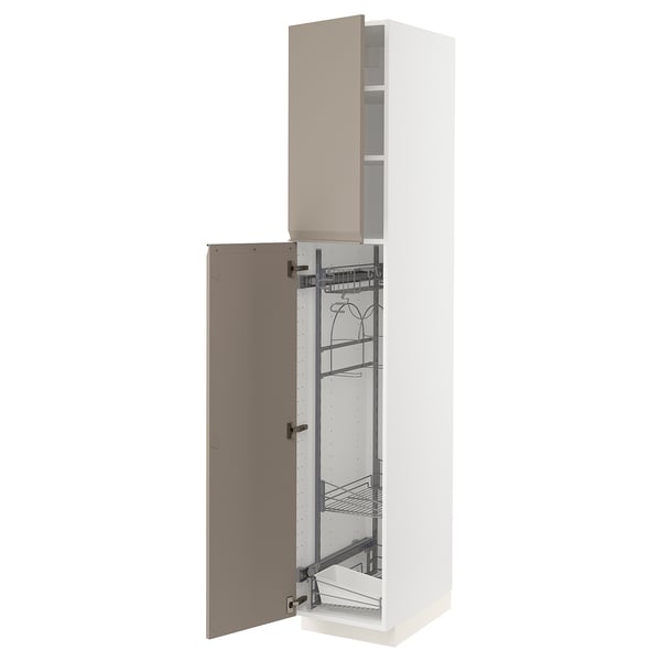 METOD kitchen cabinet. Tall, white with beige door, pull-out shelves, integrated handle, left or right mount.