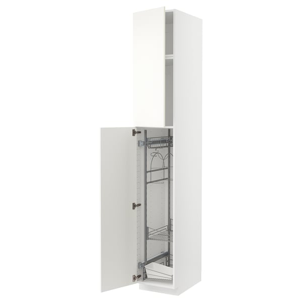 A white METOD tall kitchen cabinet with open doors, revealing wire storage shelves inside.