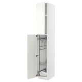A white METOD tall kitchen cabinet with open doors, revealing wire storage shelves inside.