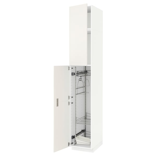 A white METOD tall cabinet with pull-out organizers and hinges, ideal for kitchen or laundry storage.