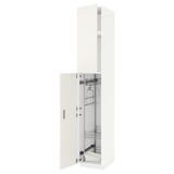 A white METOD tall cabinet with pull-out organizers and hinges, ideal for kitchen or laundry storage.