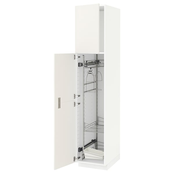 A white METOD kitchen cabinet with a pull-out organizer. It has a rectangular shape with two doors, one open revealing metal shelves and organizers.