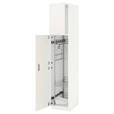 A white METOD kitchen cabinet with a pull-out organizer. It has a rectangular shape with two doors, one open revealing metal shelves and organizers.