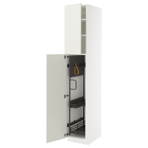 An open white METOD kitchen cabinet with pull-out organizers.