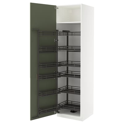 An open white METOD kitchen cabinet with multiple black pull-out shelves and a green door.