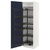 A white METOD kitchen cabinet with a blue door and multiple pull-out shelves.
