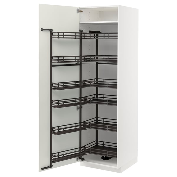 Displays a white METOD kitchen cabinet with a pull-out spice rack. It has six shelves and a sleek, modern design.