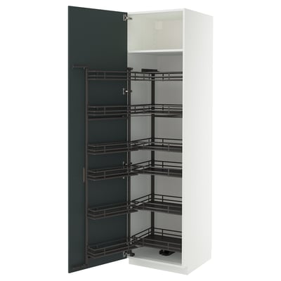 METOD kitchen storage: white cabinet, dark green door, pull-out shelves.