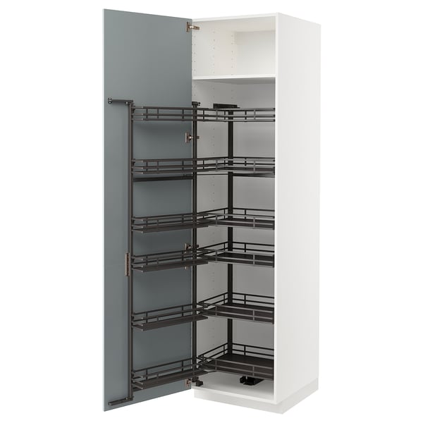 White kitchen cabinet open, multiple shelves, blue door, metal racks.
