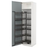White kitchen cabinet open, multiple shelves, blue door, metal racks.