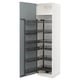 White kitchen cabinet open, multiple shelves, blue door, metal racks.