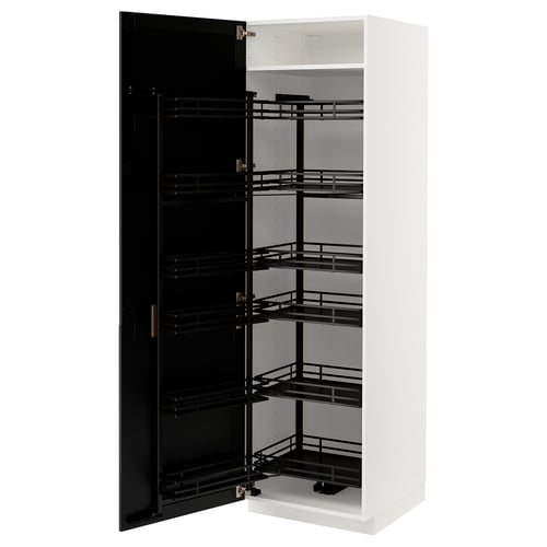 White METOD kitchen cabinet with black pull-out shelves open. Sleek design, modern organization.