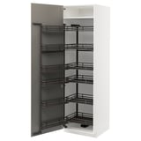 A white METOD kitchen cabinet with a pull-out organizer in gray and black, offering multiple shelves for storage.