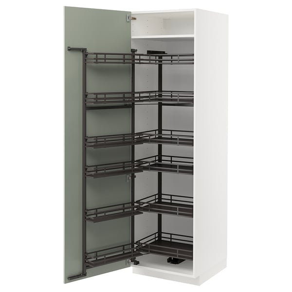 METOD kitchen cabinet, white with green glass door, pull-out shelves, modern design.