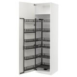 An open METOD kitchen cabinet with white doors and black pull-out shelves.