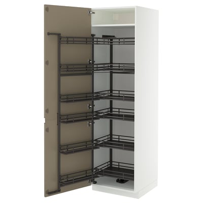 White METOD kitchen cabinet with 5 dark grey-brown pull-out shelves.