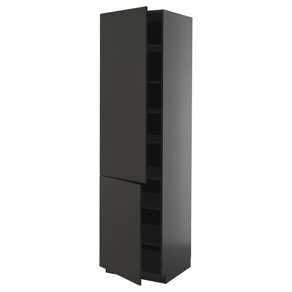 A dark gray METOD cabinet. Its a tall, rectangular storage cabinet with two adjustable shelves and a modern design, featuring a black, matte finish.