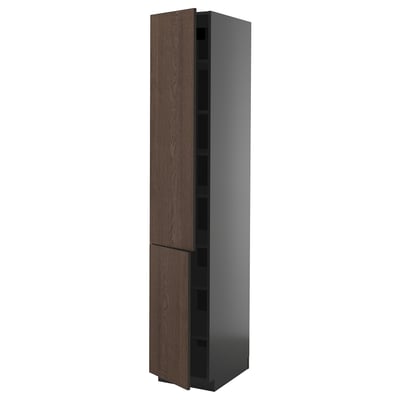 A tall, dark gray kitchen cabinet with a dark brown wood grain door and a sleek, modern design.