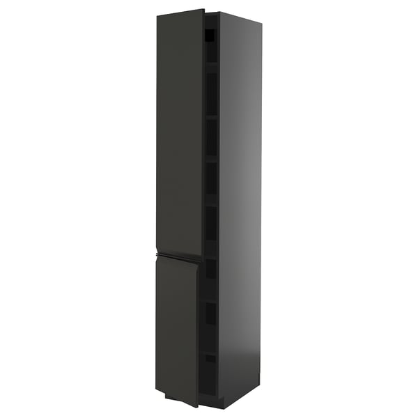 Modern tall black kitchen cabinet with sleek doors, adjustable shelves, and minimalist matte finish.