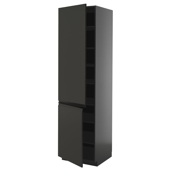 Dark grey tall cabinet with modern matte finish, sleek design, two doors, minimalist handles, and adjustable shelves.