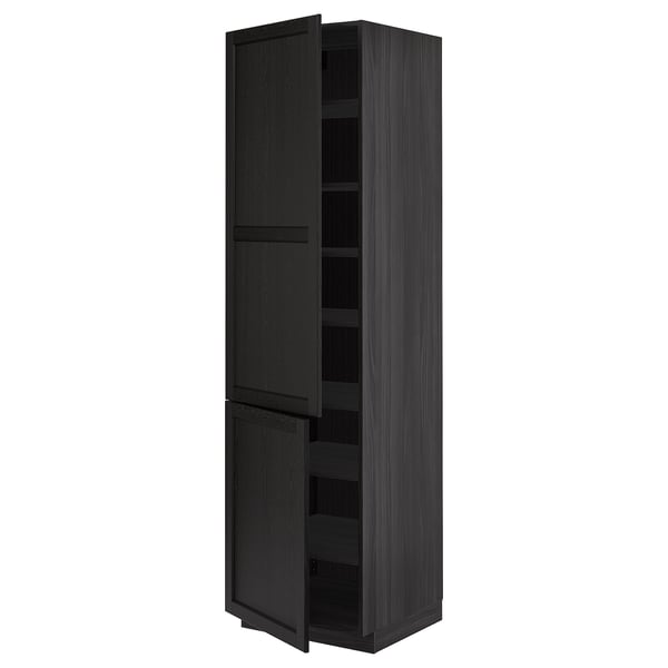 Dark wood standing cabinet, tall with two opened doors revealing inner shelves, sleek design with modern finish.