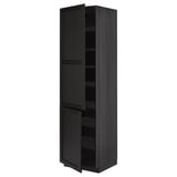 Dark wood standing cabinet, tall with two opened doors revealing inner shelves, sleek design with modern finish.