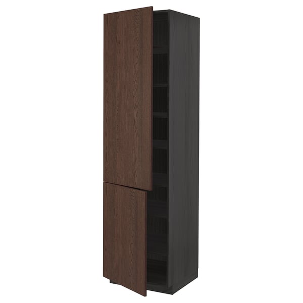 A tall, dark brown wooden cabinet with a sleek design, equipped with multiple shelves behind its swing doors.
