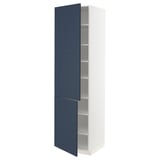 Tall white kitchen cabinet with blue doors, adjustable shelves, and modern design.