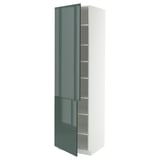 Modern METOD cabinet with high-gloss grey-green kallarp doors, white frame, adjustable shelves, rectangle shape.