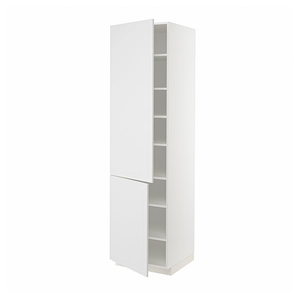 Image shows a white METOD kitchen cabinet with two doors and adjustable shelves.