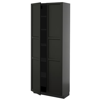 Black stained wooden cabinet with beveled edges, two doors, and adjustable shelves.
