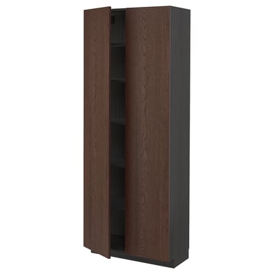 Modern dark brown wooden cabinet with two doors, adjustable shelves, sleek minimalist design.