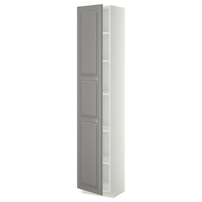 A vertical METOD kitchen cabinet in grey with a traditional design, featuring adjustable shelves and a door on the right or left.