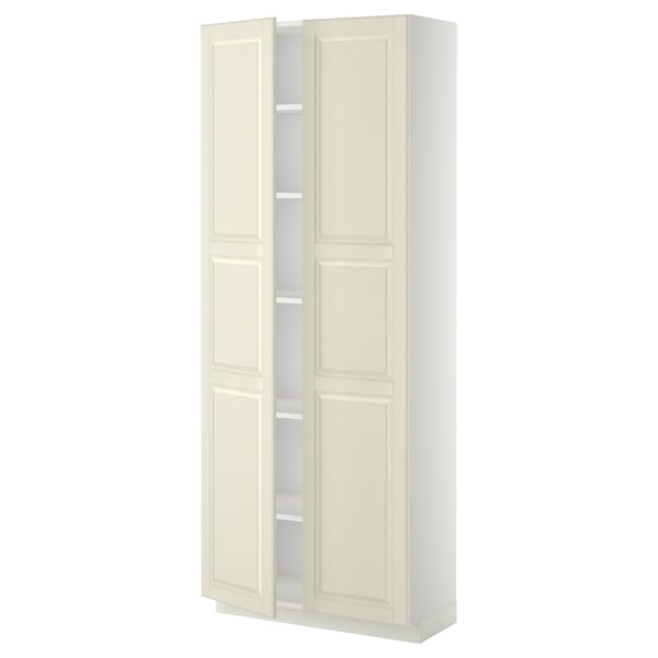 An off-white METOD kitchen cabinet with adjustable shelves and beveled door edges.
