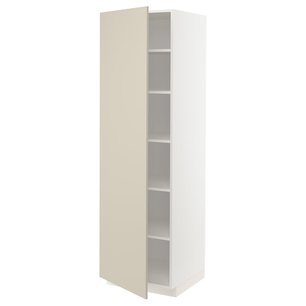 This image shows a white and beige kitchen cabinet with adjustable shelves and a door that can open on either side.