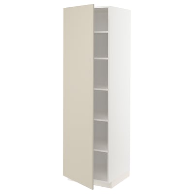 This image shows a white and beige kitchen cabinet with adjustable shelves and a door that can open on either side.