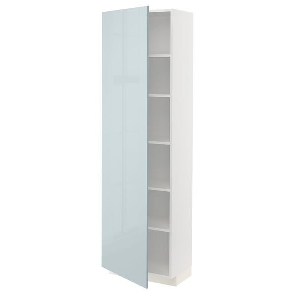 Modern white cabinet with grey-blue glass door and adjustable shelves.