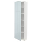 Modern white cabinet with grey-blue glass door and adjustable shelves.
