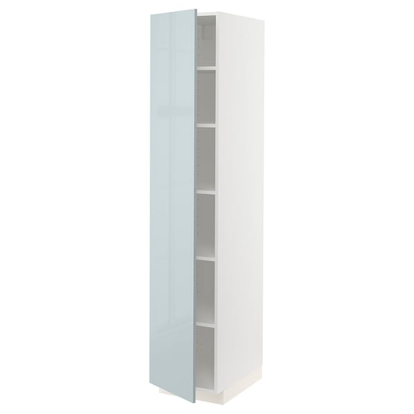 A tall, narrow, light blue-gray cabinet from the METOD kitchen system. It adjustable shelves and is mounted against a white background.