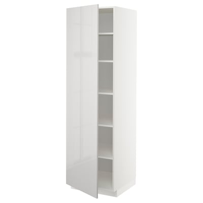 A white, tall ikea METOD cabinet. It has a glossy finish, adjustable shelves, and a door that can be mounted on either side.