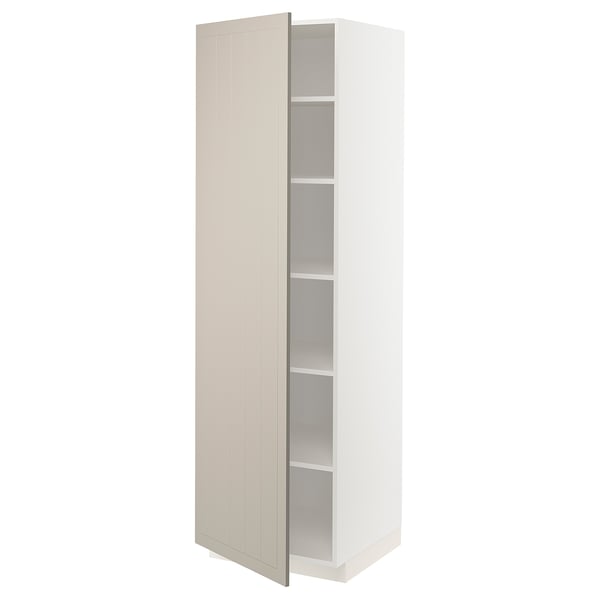 A white METOD kitchen cabinet with beige stensund doors, featuring a frame construction, adjustable shelf, and snap-on hinges.