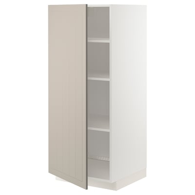 A beige ikea METOD high cabinet. Its rectangular, has a door on the left, and an adjustable shelf inside.