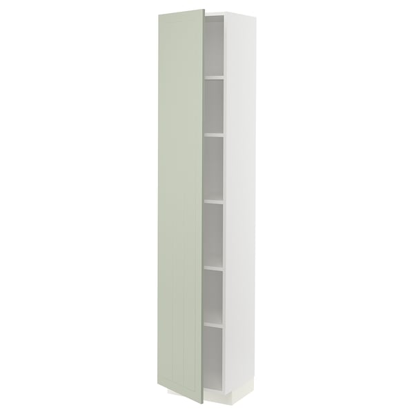 Tall white ikea METOD kitchen cabinet with green doors, featuring adjustable shelves and a sleek, modern design.