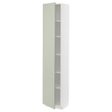 Tall white ikea METOD kitchen cabinet with green doors, featuring adjustable shelves and a sleek, modern design.