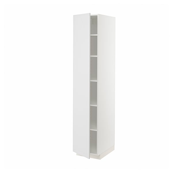 White METOD tall kitchen cabinet with shelves, sleek modern design.
