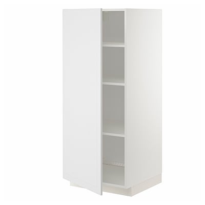 This image shows a white METOD kitchen cabinet with one door open, revealing three shelves inside.
