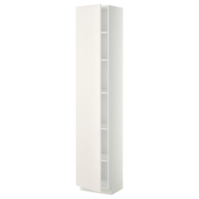 This image a white METOD tall kitchen cabinet from ikea, characterized by a sleek design and multiple adjustable shelves.